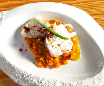 Risotto de patate douce au colombo et son Cabillaud poché à la citronnelle moutarde à l’ancienne